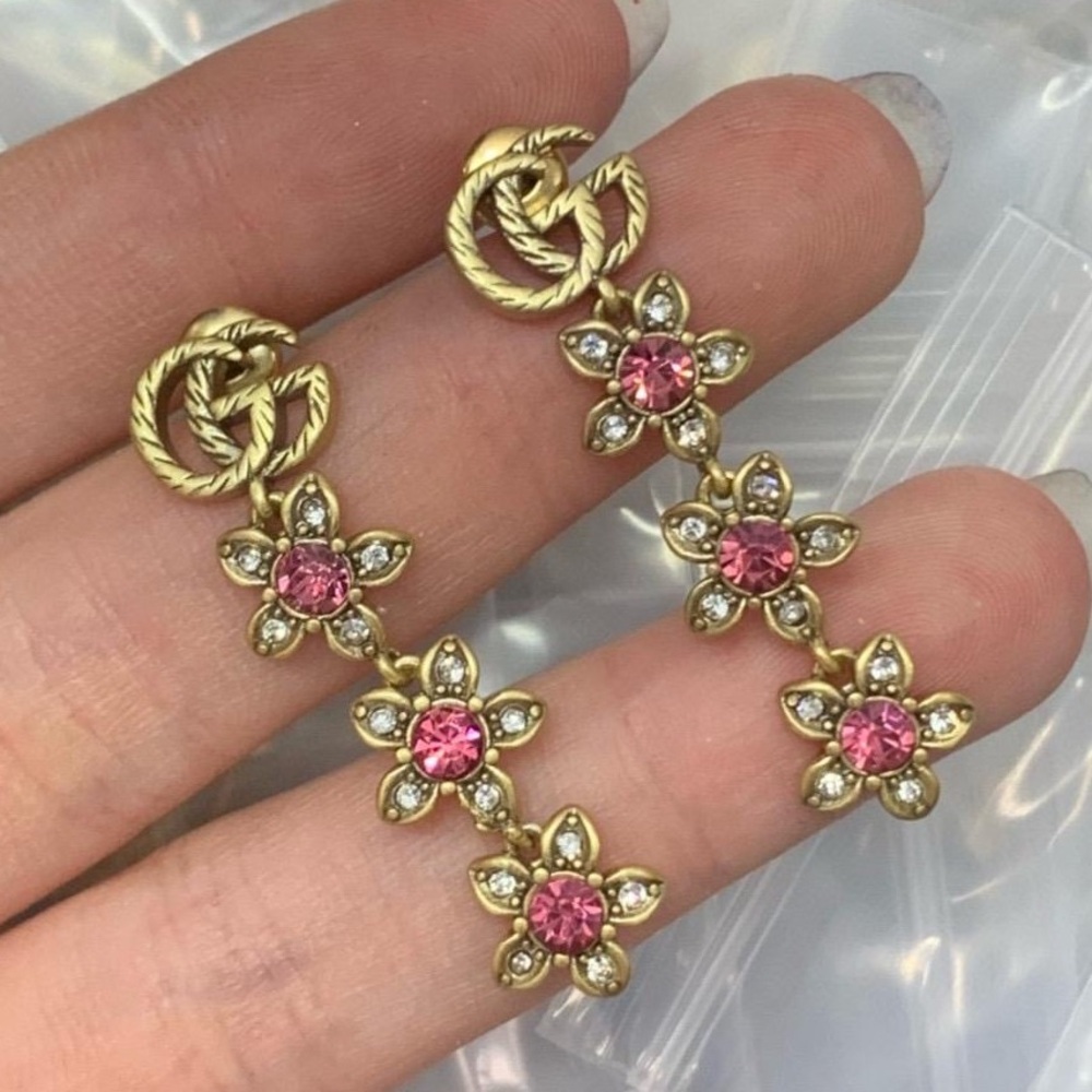 Gold and Pink Floral Drop Earrings